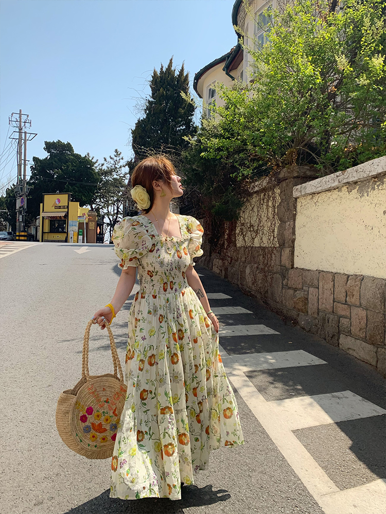 Green Grapefruit Lemon Tea Floral Linen Dress for Women - Vintage Summer Puff Sleeve Long Dress Green Grapefruit Lemon Tea Floral Linen Dress for Women - Vintage Summer Puff Sleeve Long Dress
