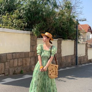 Green Grapefruit Lemon Tea Floral Linen Dress for Women - Vintage Summer Puff Sleeve Long Dress