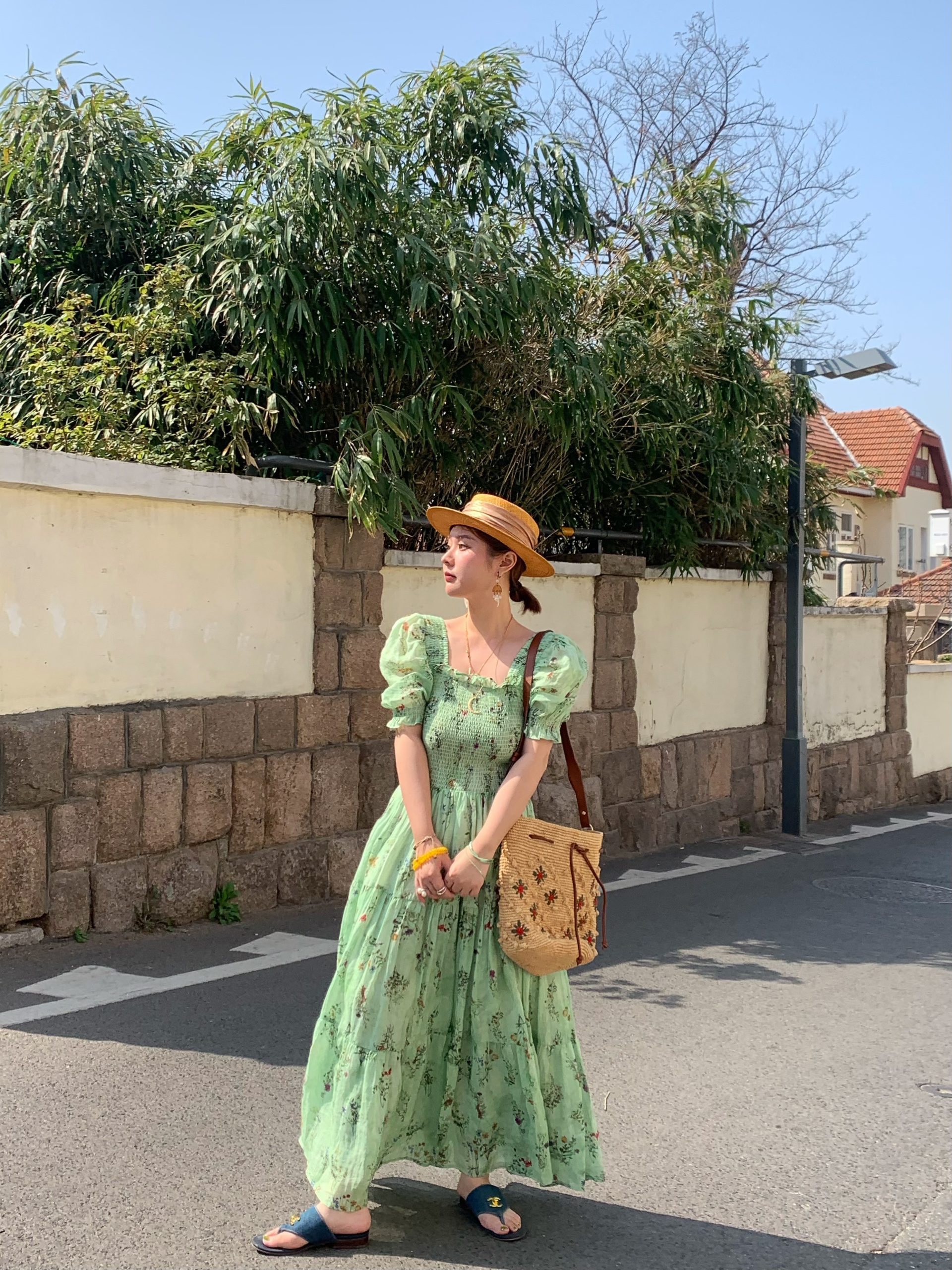 Green Grapefruit Lemon Tea Floral Linen Dress for Women - Vintage Summer Puff Sleeve Long Dress Green Grapefruit Lemon Tea Floral Linen Dress for Women - Vintage Summer Puff Sleeve Long Dress