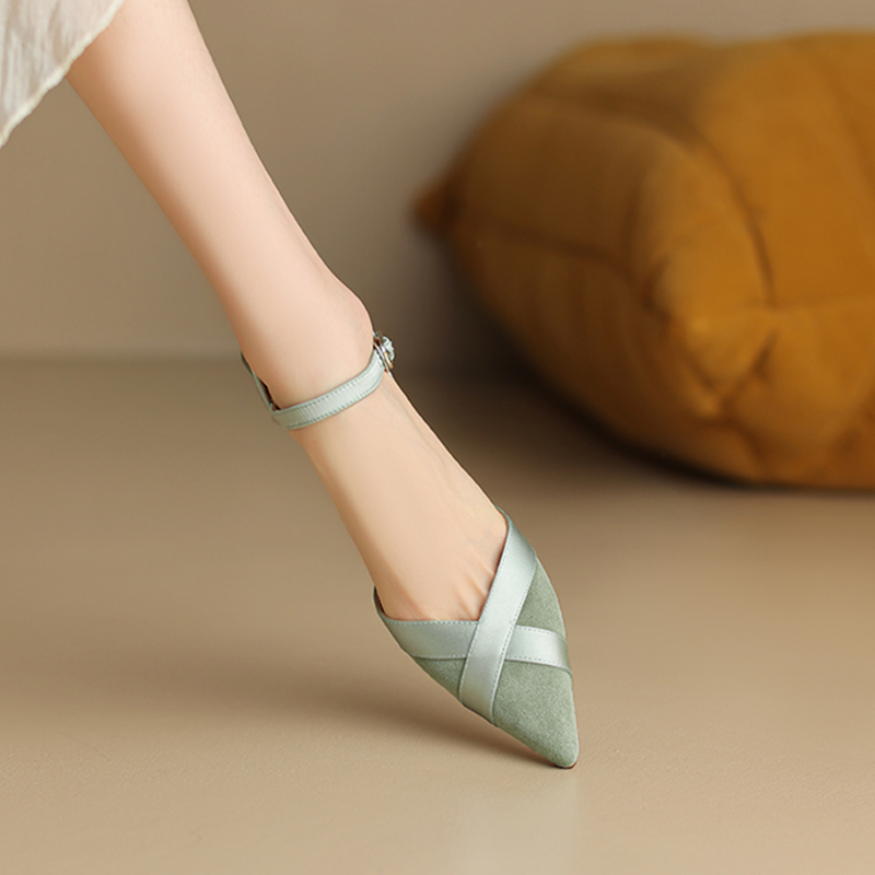 Green High-Heeled Sandals for Women - Genuine Leather, Closed-Toe, Thin Heel, Single Strap, Chanel Style, Elegant Evening Footwear