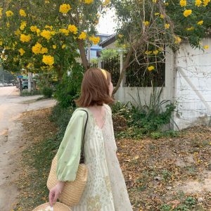 Green Island Long Summer Floral Dress - Women's Loose Embroidered Mesh Spliced Puff Sleeve Maxi Dress, Vintage Style