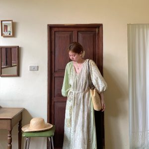 Green Island Long Summer Floral Dress - Women's Loose Embroidered Mesh Spliced Puff Sleeve Maxi Dress, Vintage Style