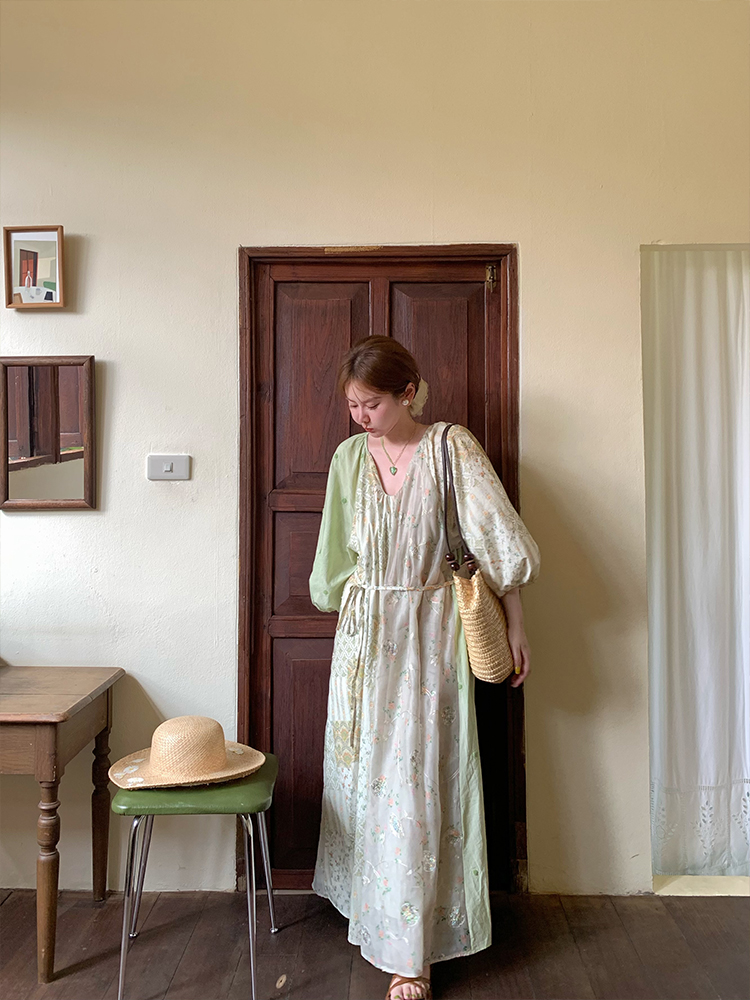 Green Island Long Summer Floral Dress - Women's Loose Embroidered Mesh Spliced Puff Sleeve Maxi Dress, Vintage Style Green Island Long Summer Floral Dress - Women's Loose Embroidered Mesh Spliced Puff Sleeve Maxi Dress, Vintage Style
