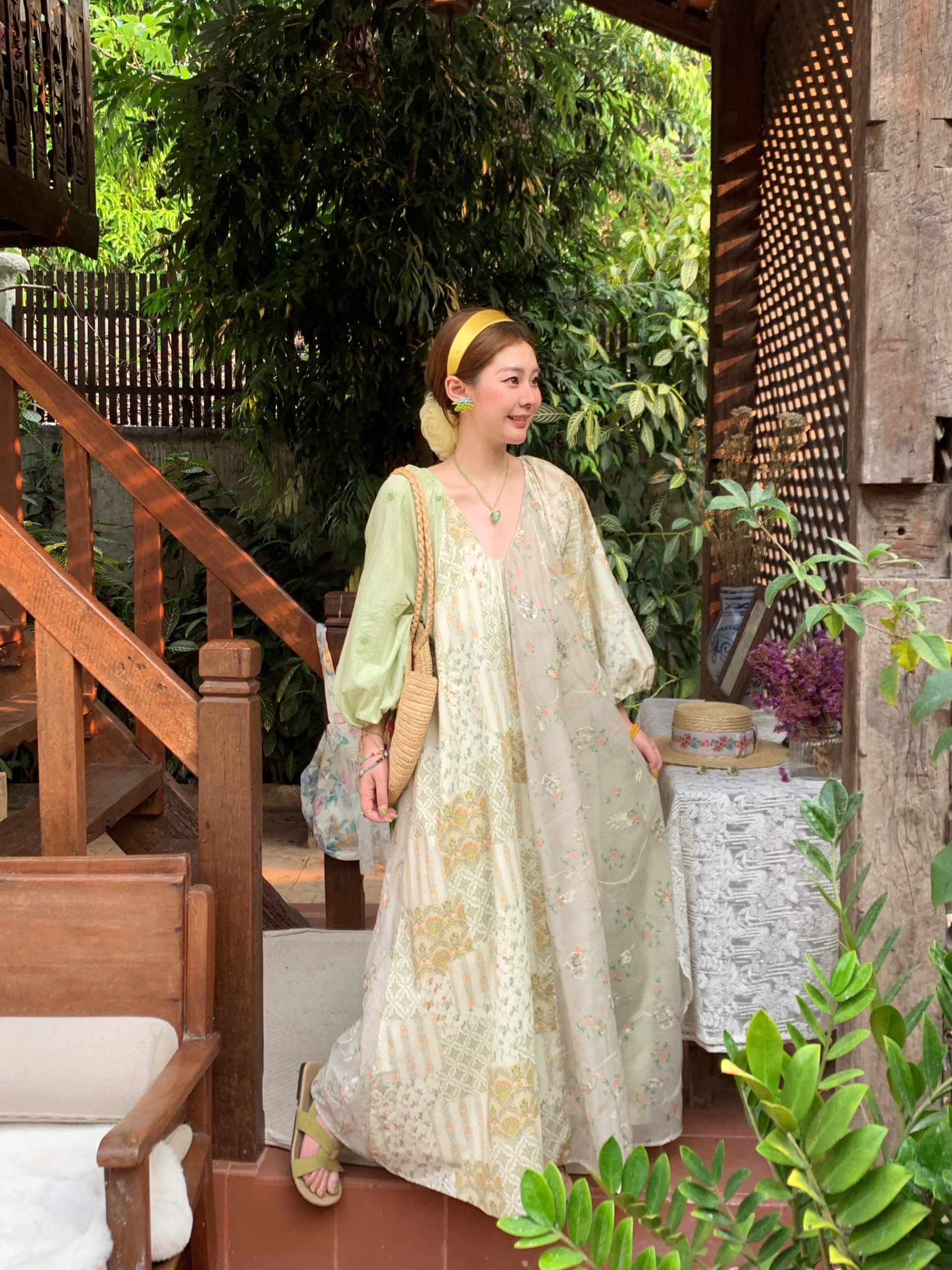 Green Island Long Summer Floral Dress - Women's Loose Embroidered Mesh Spliced Puff Sleeve Maxi Dress, Vintage Style Green Island Long Summer Floral Dress - Women's Loose Embroidered Mesh Spliced Puff Sleeve Maxi Dress, Vintage Style