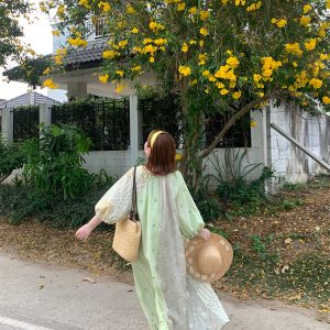 Green Island Long Summer Floral Dress - Women's Loose Embroidered Mesh Spliced Puff Sleeve Maxi Dress, Vintage Style