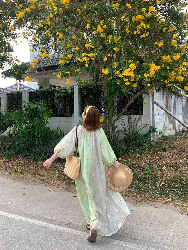 Green Island Long Summer Floral Dress - Women's Loose Embroidered Mesh Spliced Puff Sleeve Maxi Dress, Vintage Style Green Island Long Summer Floral Dress - Women's Loose Embroidered Mesh Spliced Puff Sleeve Maxi Dress, Vintage Style