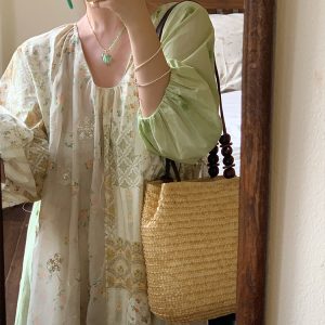 Green Island Long Summer Floral Dress - Women's Loose Embroidered Mesh Spliced Puff Sleeve Maxi Dress, Vintage Style