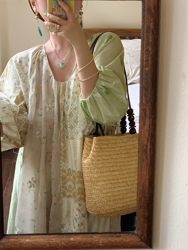 Green Island Long Summer Floral Dress - Women's Loose Embroidered Mesh Spliced Puff Sleeve Maxi Dress, Vintage Style Green Island Long Summer Floral Dress - Women's Loose Embroidered Mesh Spliced Puff Sleeve Maxi Dress, Vintage Style