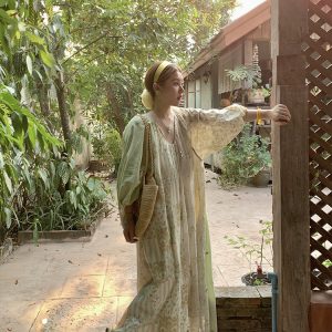 Green Island Long Summer Floral Dress - Women's Loose Embroidered Mesh Spliced Puff Sleeve Maxi Dress, Vintage Style