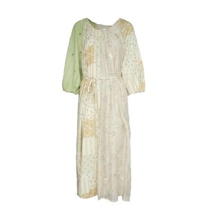Green Island Long Summer Floral Dress - Women's Loose Embroidered Mesh Spliced Puff Sleeve Maxi Dress, Vintage Style