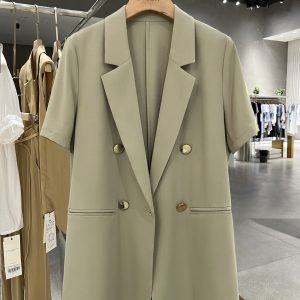 Green Lightweight British-Style Short Sleeve Blazer for Women, Vintage Charm with Metal Buttons, 2025 Summer Fashion