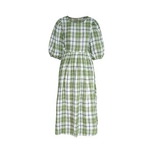 Green Plaid Linen Short Sleeve Dress for Women - Summer Loose Puff Sleeve Vintage Style Dress - Perfect for Casual Outings