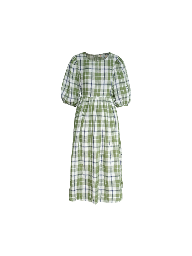 Green Plaid Linen Short Sleeve Dress for Women - Summer Loose Puff Sleeve Vintage Style Dress - Perfect for Casual Outings Green Plaid Linen Short Sleeve Dress for Women - Summer Loose Puff Sleeve Vintage Style Dress - Perfect for Casual Outings