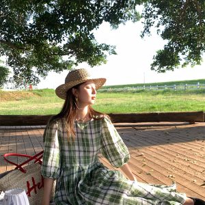 Green Plaid Linen Short Sleeve Dress for Women - Summer Loose Puff Sleeve Vintage Style Dress - Perfect for Casual Outings