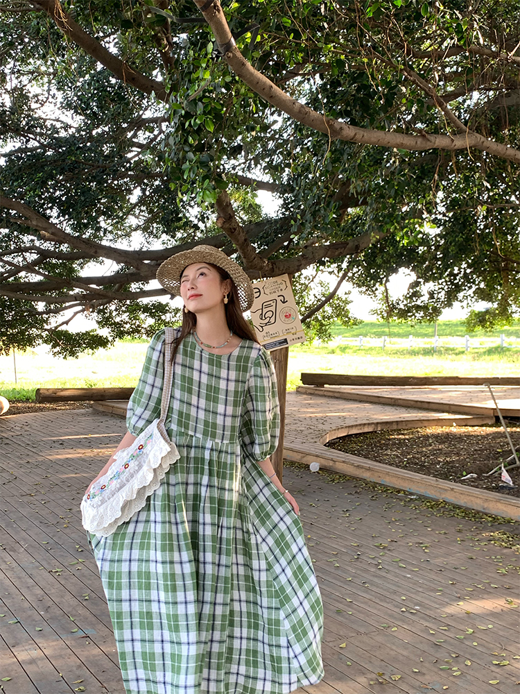 Green Plaid Linen Short Sleeve Dress for Women - Summer Loose Puff Sleeve Vintage Style Dress - Perfect for Casual Outings Green Plaid Linen Short Sleeve Dress for Women - Summer Loose Puff Sleeve Vintage Style Dress - Perfect for Casual Outings