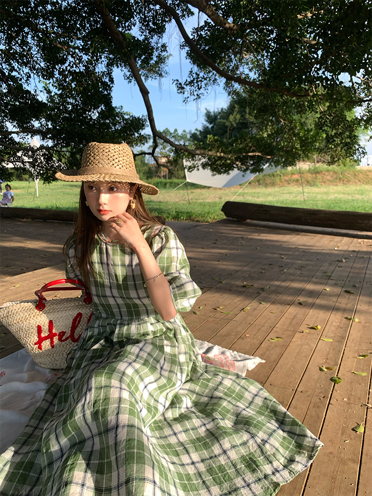 Green Plaid Linen Short Sleeve Dress for Women - Summer Loose Puff Sleeve Vintage Style Dress - Perfect for Casual Outings Green Plaid Linen Short Sleeve Dress for Women - Summer Loose Puff Sleeve Vintage Style Dress - Perfect for Casual Outings