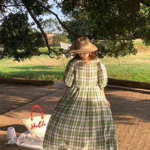 Green Plaid Linen Short Sleeve Dress for Women - Summer Loose Puff Sleeve Vintage Style Dress - Perfect for Casual Outings