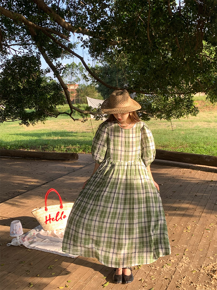 Green Plaid Linen Short Sleeve Dress for Women - Summer Loose Puff Sleeve Vintage Style Dress - Perfect for Casual Outings Green Plaid Linen Short Sleeve Dress for Women - Summer Loose Puff Sleeve Vintage Style Dress - Perfect for Casual Outings