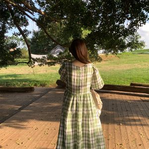 Green Plaid Linen Short Sleeve Dress for Women - Summer Loose Puff Sleeve Vintage Style Dress - Perfect for Casual Outings