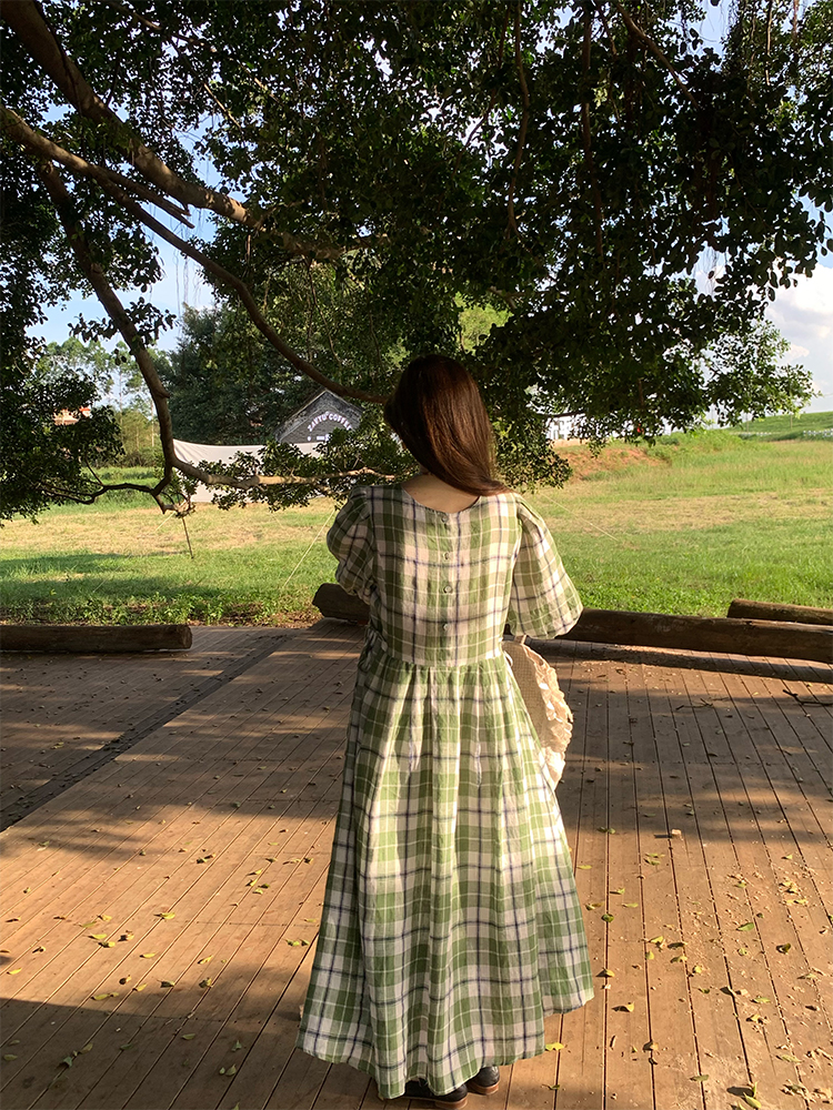 Green Plaid Linen Short Sleeve Dress for Women - Summer Loose Puff Sleeve Vintage Style Dress - Perfect for Casual Outings Green Plaid Linen Short Sleeve Dress for Women - Summer Loose Puff Sleeve Vintage Style Dress - Perfect for Casual Outings