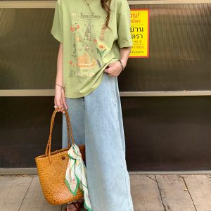 Green Retro Printed Short Sleeve T-Shirt for Women - Vintage Style Loose Drop Shoulder Top for Summer, 90s Inspired