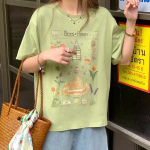 Green Retro Printed Short Sleeve T-Shirt for Women - Vintage Style Loose Drop Shoulder Top for Summer, 90s Inspired