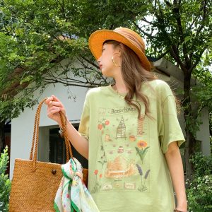 Green Retro Printed Short Sleeve T-Shirt for Women - Vintage Style Loose Drop Shoulder Top for Summer, 90s Inspired