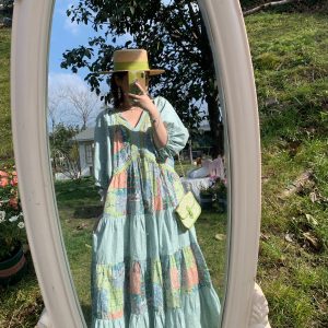 Green Retro V-Neck Dress for Women - Bohemian Long Skirt, Vintage Style, Spring Fashion, Summer of the Cicada