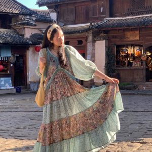 Green Retro V-Neck Dress for Women - Bohemian Long Skirt, Vintage Style, Spring Fashion, Summer of the Cicada