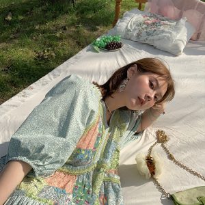 Green Retro V-Neck Dress for Women - Bohemian Long Skirt, Vintage Style, Spring Fashion, Summer of the Cicada