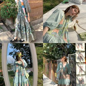 Green Retro V-Neck Dress for Women - Bohemian Long Skirt, Vintage Style, Spring Fashion, Summer of the Cicada