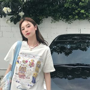 Green Short Sleeve Vintage T-Shirt for Women with Japanese Retro Girl Print, Loose Fit Pure Cotton Summer Top