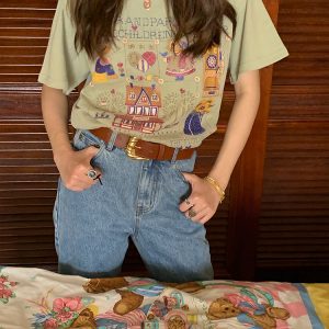 Green Short Sleeve Vintage T-Shirt for Women with Japanese Retro Girl Print, Loose Fit Pure Cotton Summer Top