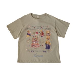 Green Short Sleeve Vintage T-Shirt for Women with Japanese Retro Girl Print, Loose Fit Pure Cotton Summer Top