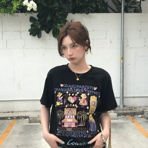 Green Short Sleeve Vintage T-Shirt for Women with Japanese Retro Girl Print, Loose Fit Pure Cotton Summer Top