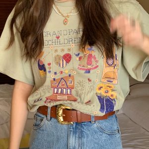 Green Short Sleeve Vintage T-Shirt for Women with Japanese Retro Girl Print, Loose Fit Pure Cotton Summer Top