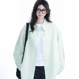 Green Solid Color Long Sleeve Shirt for Women - "Sit and Eat Until the Mountains Are Empty" Mambo Wind - Spring Loose Fit Fashion Trend