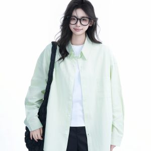 Green Solid Color Long Sleeve Shirt for Women - 