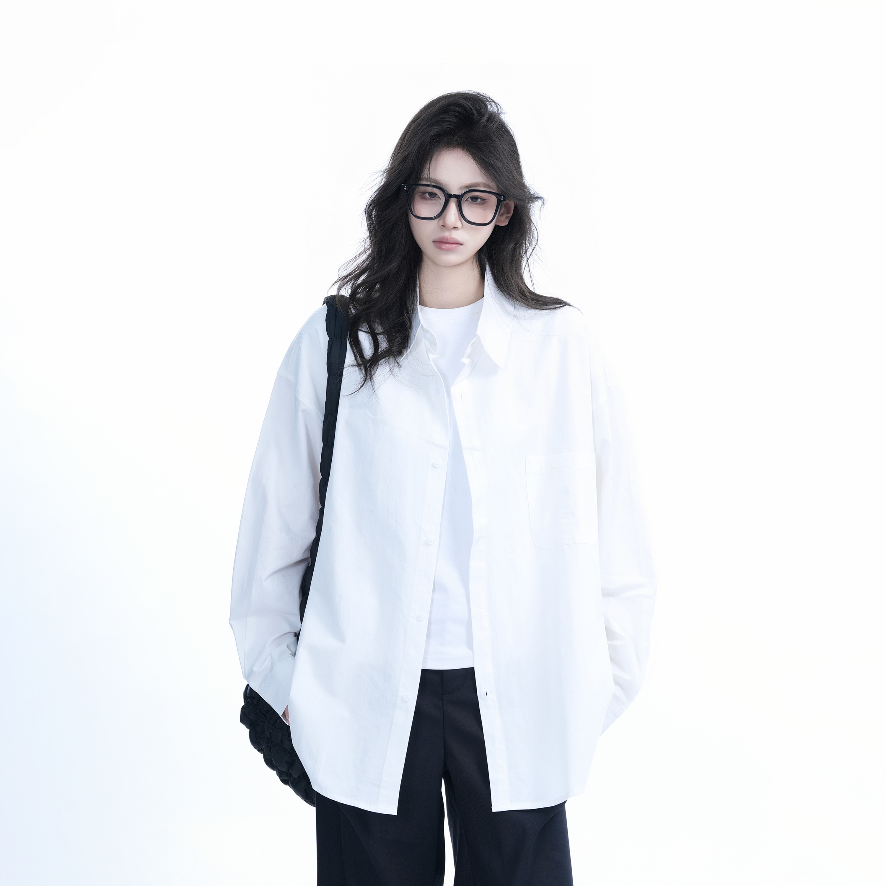 Green Solid Color Long Sleeve Shirt for Women - "Sit and Eat Until the Mountains Are Empty" Mambo Wind - Spring Loose Fit Fashion Trend