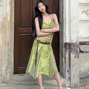 Green Tie-Dye Jacquard Handmade Beaded Vintage Camisole and Textured Midi Skirt Set - Y2K Inspired Fashion Ensemble
