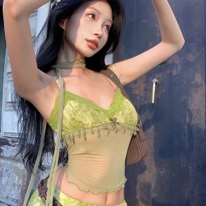 Green Tie-Dye Jacquard Handmade Beaded Vintage Camisole and Textured Midi Skirt Set - Y2K Inspired Fashion Ensemble