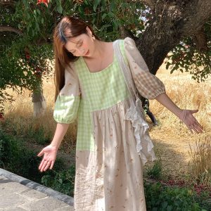 Green Wilderness Retro Plaid Patchwork Linen Dress for Women - Summer Loose Puff Sleeve Long Dress, Y2K Vintage Style
