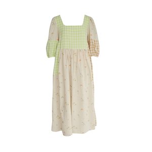 Green Wilderness Retro Plaid Patchwork Linen Dress for Women - Summer Loose Puff Sleeve Long Dress, Y2K Vintage Style