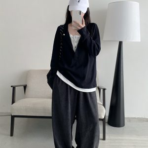 Half-Open Slant Collar Spliced Fake Two-Piece T-Shirt for Women - Long Sleeve, Loose Fit, Versatile Slimming Top for Spring and Autumn