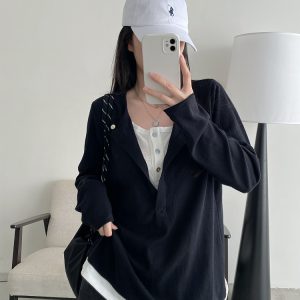 Half-Open Slant Collar Spliced Fake Two-Piece T-Shirt for Women - Long Sleeve, Loose Fit, Versatile Slimming Top for Spring and Autumn
