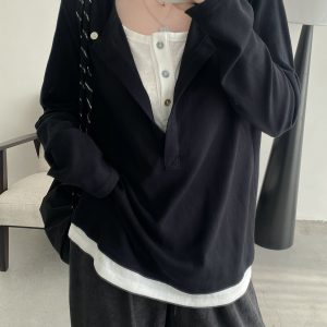 Half-Open Slant Collar Spliced Fake Two-Piece T-Shirt for Women - Long Sleeve, Loose Fit, Versatile Slimming Top for Spring and Autumn