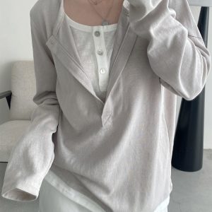 Half-Open Slant Collar Spliced Fake Two-Piece T-Shirt for Women - Long Sleeve, Loose Fit, Versatile Slimming Top for Spring and Autumn