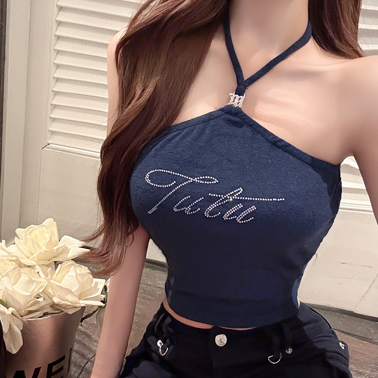 Halter Neck Vest Top with Blue Diamond Design - Pure Desire Style, Trendy Y2K Fashion for Effortless Chic Look
