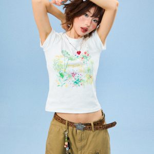Hand-Painted Floral Print Short-Sleeve T-Shirt for Women - Summer Slim-Fit Cropped Top, American Style, Y2K Aesthetic