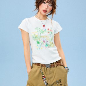 Hand-Painted Floral Print Short-Sleeve T-Shirt for Women - Summer Slim-Fit Cropped Top, American Style, Y2K Aesthetic